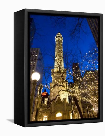 Old Water Tower with holiday lights, Chicago, Illinois, USA-Alan Klehr-Framed Stretched Canvas