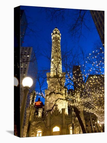 Old Water Tower with holiday lights, Chicago, Illinois, USA-Alan Klehr-Stretched Canvas