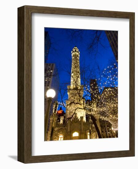 Old Water Tower with holiday lights, Chicago, Illinois, USA-Alan Klehr-Framed Photographic Print