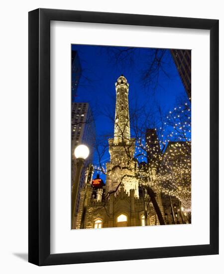 Old Water Tower with holiday lights, Chicago, Illinois, USA-Alan Klehr-Framed Photographic Print