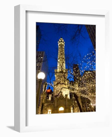 Old Water Tower with holiday lights, Chicago, Illinois, USA-Alan Klehr-Framed Photographic Print