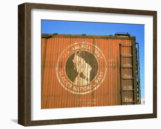 Old Weathered Box Car Showing Design Promoting Travel to Glacier National Park-Walker Evans-Framed Photographic Print