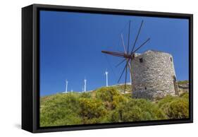 Old Windmill and Modern Wind Turbines. Naxos Island, Greece-Ali Kabas-Framed Stretched Canvas