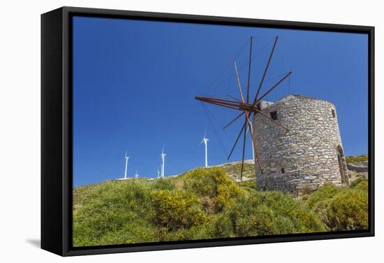 Old Windmill and Modern Wind Turbines. Naxos Island, Greece-Ali Kabas-Framed Stretched Canvas