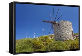 Old Windmill and Modern Wind Turbines. Naxos Island, Greece-Ali Kabas-Framed Stretched Canvas