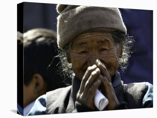 Old Woman with Hands to Face, Nepal-David D'angelo-Stretched Canvas