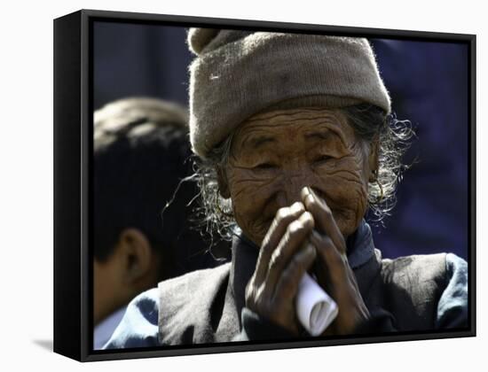 Old Woman with Hands to Face, Nepal-David D'angelo-Framed Stretched Canvas