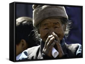 Old Woman with Hands to Face, Nepal-David D'angelo-Framed Stretched Canvas