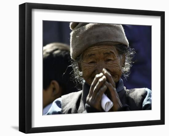 Old Woman with Hands to Face, Nepal-David D'angelo-Framed Premium Photographic Print