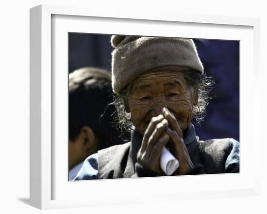 Old Woman with Hands to Face, Nepal-David D'angelo-Framed Premium Photographic Print
