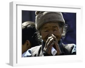 Old Woman with Hands to Face, Nepal-David D'angelo-Framed Premium Photographic Print