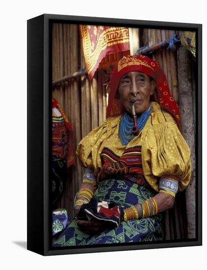 Old Woman with Pipe in Hand-Stitched Molas, Kuna Indian, San Blas Islands, Panama-Cindy Miller Hopkins-Framed Stretched Canvas