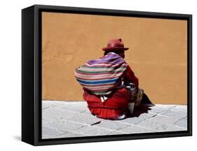 Old Woman with Sling Crouches on Sidewalk, Cusco, Peru-Jim Zuckerman-Framed Stretched Canvas