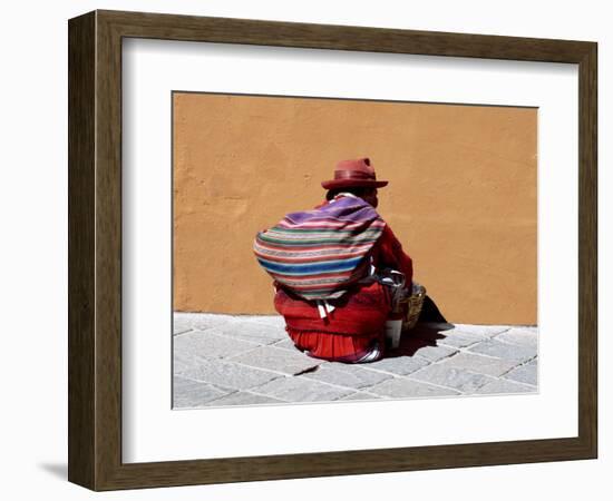 Old Woman with Sling Crouches on Sidewalk, Cusco, Peru-Jim Zuckerman-Framed Photographic Print