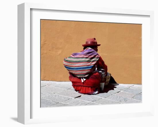 Old Woman with Sling Crouches on Sidewalk, Cusco, Peru-Jim Zuckerman-Framed Photographic Print