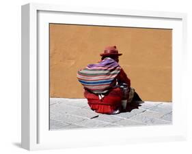 Old Woman with Sling Crouches on Sidewalk, Cusco, Peru-Jim Zuckerman-Framed Photographic Print