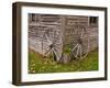 Old Wooden Barn with Wagon Wheels in Rural New England, Maine, USA-Joanne Wells-Framed Premium Photographic Print