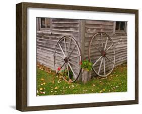 Old Wooden Barn with Wagon Wheels in Rural New England, Maine, USA-Joanne Wells-Framed Premium Photographic Print