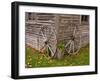 Old Wooden Barn with Wagon Wheels in Rural New England, Maine, USA-Joanne Wells-Framed Premium Photographic Print