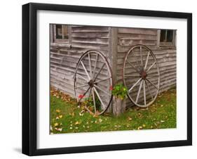 Old Wooden Barn with Wagon Wheels in Rural New England, Maine, USA-Joanne Wells-Framed Premium Photographic Print