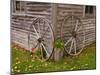 Old Wooden Barn with Wagon Wheels in Rural New England, Maine, USA-Joanne Wells-Mounted Premium Photographic Print