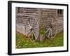 Old Wooden Barn with Wagon Wheels in Rural New England, Maine, USA-Joanne Wells-Framed Photographic Print