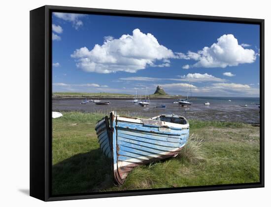 Old Wooden Fishing Boat on a Grassy Bank with Lindisfarne Harbour and Lindisfarne Castle, Holy Isla-Lee Frost-Framed Stretched Canvas