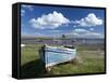 Old Wooden Fishing Boat on a Grassy Bank with Lindisfarne Harbour and Lindisfarne Castle, Holy Isla-Lee Frost-Framed Stretched Canvas