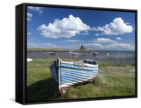 Old Wooden Fishing Boat on a Grassy Bank with Lindisfarne Harbour and Lindisfarne Castle, Holy Isla-Lee Frost-Framed Stretched Canvas