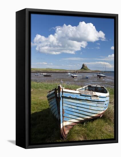 Old Wooden Fishing Boat on a Grassy Bank with Lindisfarne Harbour and Lindisfarne Castle, Holy Isla-Lee Frost-Framed Stretched Canvas