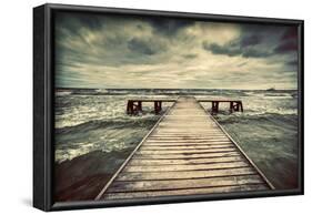 Old Wooden Jetty, Pier, during Storm on the Sea. Dramatic Sky with Dark, Heavy Clouds. Vintage-Michal Bednarek-Framed Photographic Print