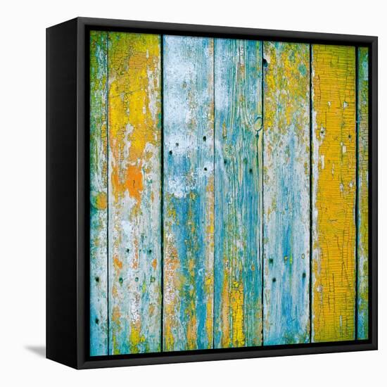 Old Wooden Planks Painted with Paint Cracked by a Rustic Background-Elena Larina-Framed Stretched Canvas