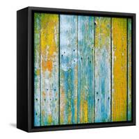 Old Wooden Planks Painted with Paint Cracked by a Rustic Background-Elena Larina-Framed Stretched Canvas