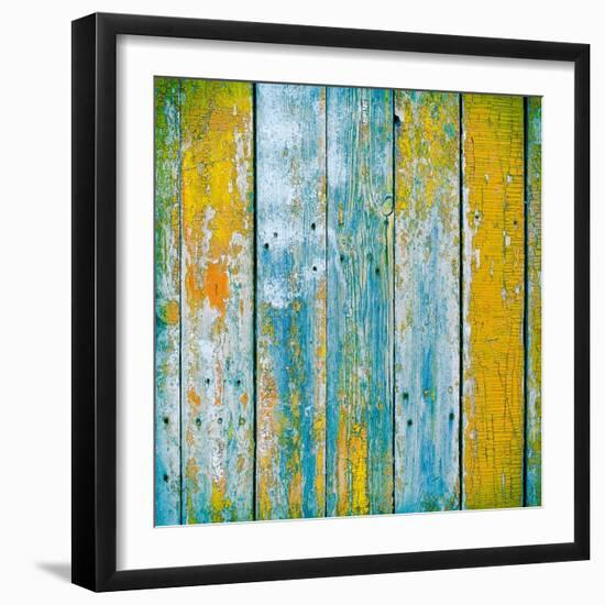 Old Wooden Planks Painted with Paint Cracked by a Rustic Background-Elena Larina-Framed Art Print