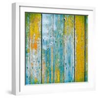 Old Wooden Planks Painted with Paint Cracked by a Rustic Background-Elena Larina-Framed Art Print