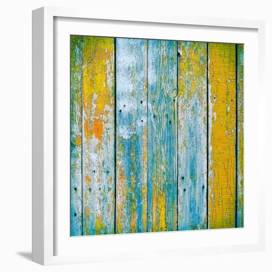 Old Wooden Planks Painted with Paint Cracked by a Rustic Background-Elena Larina-Framed Art Print