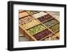 Old Wooden Typesetter Box with 16 Samples of Assorted Legumes: Green, Red and French Lentils, Soybe-PixelsAway-Framed Photographic Print