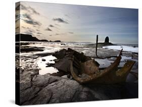 Old Wreck and Black Nab at Saltwick Bay, Near Whitby, North Yorkshire, Yorkshire, England, UK-Mark Sunderland-Stretched Canvas