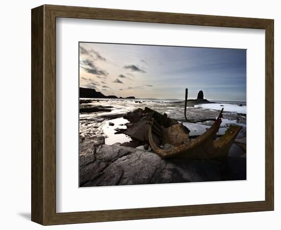Old Wreck and Black Nab at Saltwick Bay, Near Whitby, North Yorkshire, Yorkshire, England, UK-Mark Sunderland-Framed Photographic Print