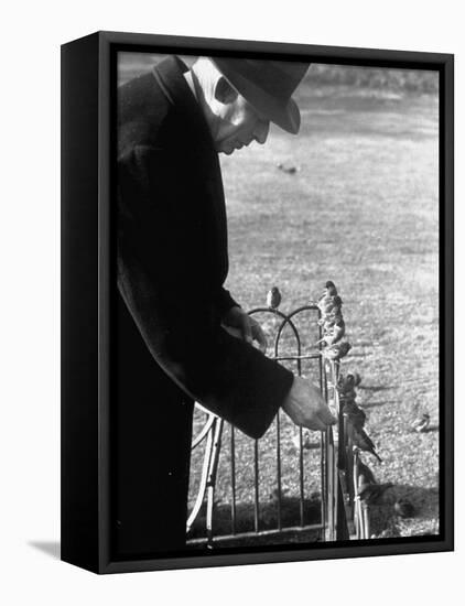 Older Man Feeding Birds Perched on a Fence in Hyde Park-Cornell Capa-Framed Stretched Canvas