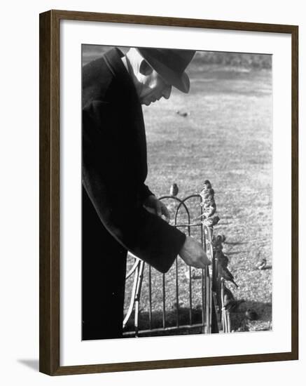 Older Man Feeding Birds Perched on a Fence in Hyde Park-Cornell Capa-Framed Photographic Print