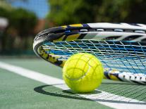 Close up View of Tennis Racket and Balls on the Clay Tennis Court-oleggawriloff-Photographic Print