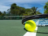 Close up View of Tennis Racket and Balls on the Clay Tennis Court-oleggawriloff-Photographic Print