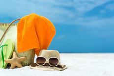 Summer Beach Bag with Coral,Towel and Flip Flops on Sandy Beach-oleggawriloff-Framed Stretched Canvas