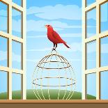 Songbird Sitting on a Cage in Open Window-Olena Bogadereva-Art Print
