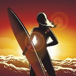 Young Surfer Girl with a Long Board on a Summer Beach-Olena Bogadereva-Art Print