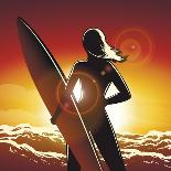 Young Surfer Girl with a Long Board on a Summer Beach-Olena Bogadereva-Framed Stretched Canvas