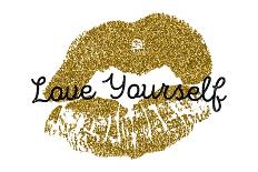 Poster with Gold Glitter Lips Prints on White Background.-Olga Rom-Laminated Premium Giclee Print