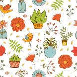 Seamless Pattern with Plants Birds Leaves and Flowers-Olillia-Art Print