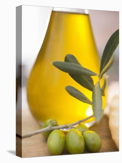 Olive Oil and Olive Sprig with Green Olives-null-Stretched Canvas